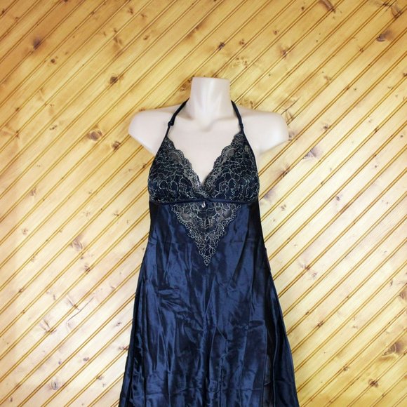 NWT La Vie en Rose Black Satin Nightie Lace Metallic Gold Small SW15 - Picture 4 of 10